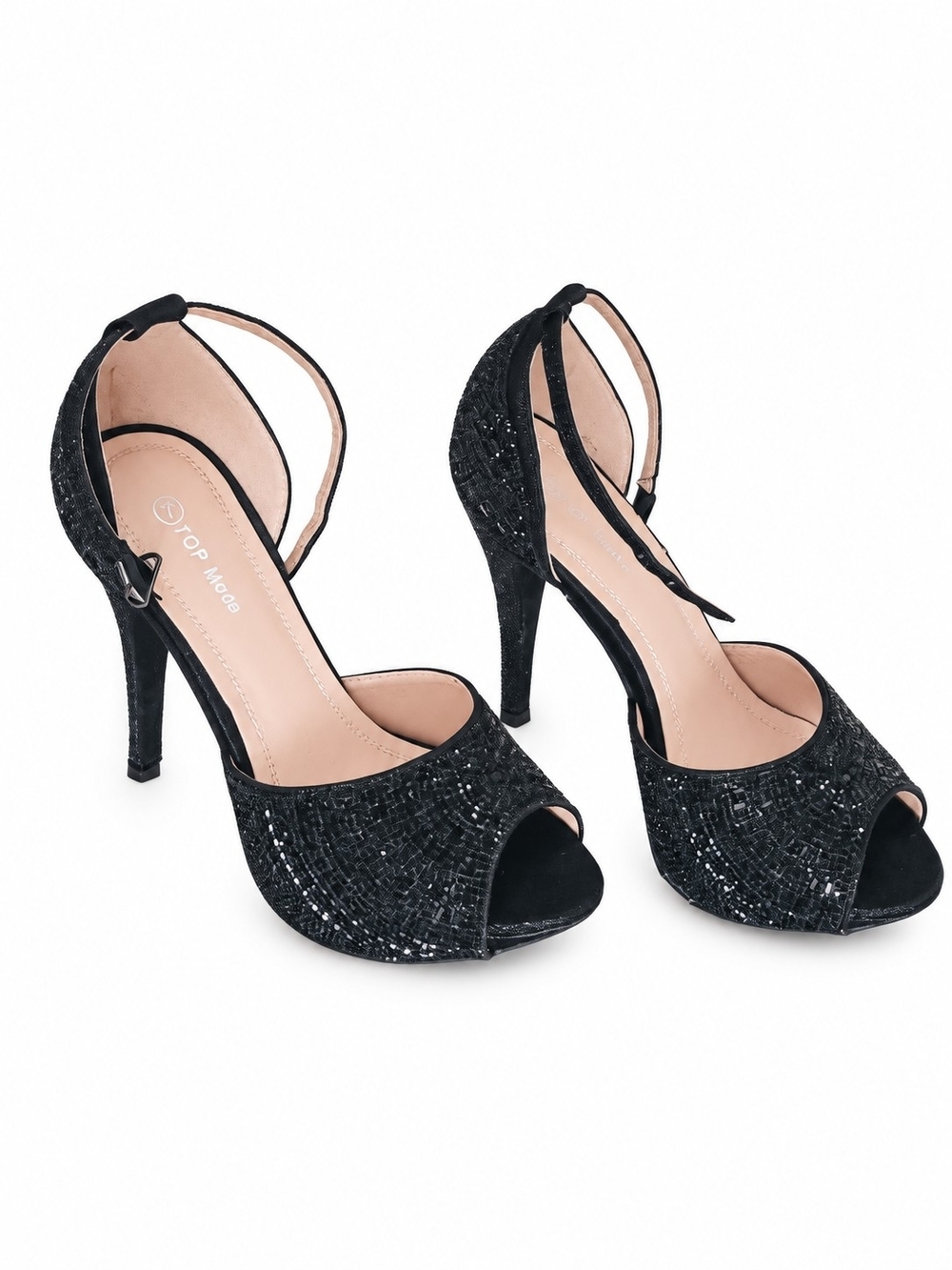TOP Moda Black Glitter Open-Toe Ankle-Strap Stilettos